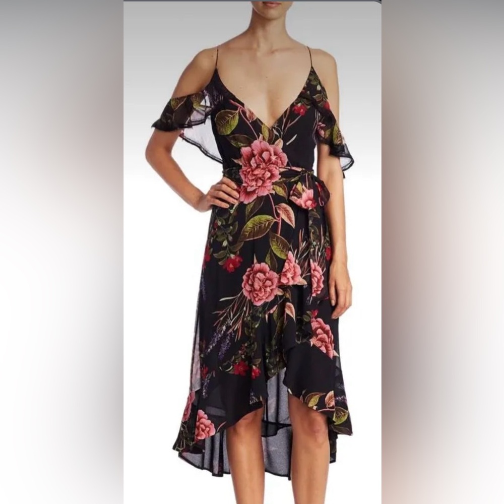 Nicholas Peony Floral Wrap Cold Shoulder Silk Dress